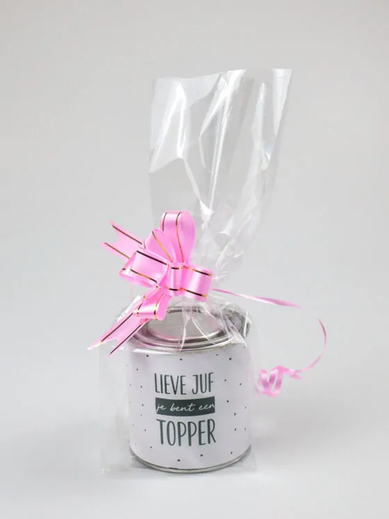 Blikje snoep cadeau - Lieve juf je bent een topper Blikje snoep cadeau - Lieve juf je bent een topper