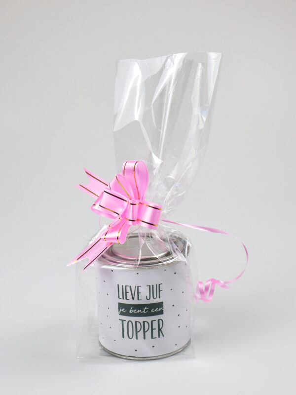 Blikje snoep cadeau - Lieve juf je bent een topper