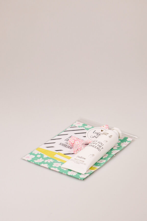 Juffen cadeau met handcrème en kaartje – bedankt lieve juf