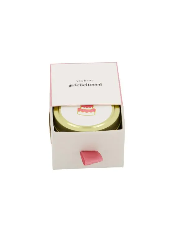 Zusss geurkaars tinnen in schuifdoosje gefeliciteerd taart wit/roze