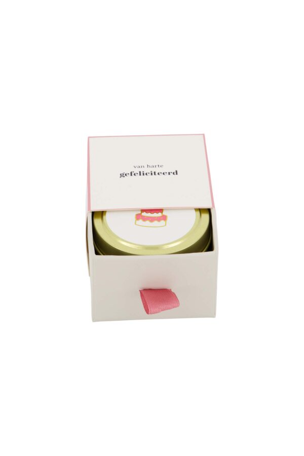 Zusss geurkaars tinnen in schuifdoosje gefeliciteerd taart wit/roze