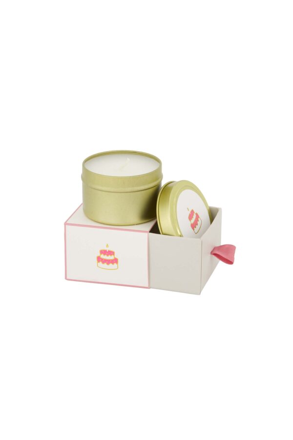 Zusss geurkaars tinnen in schuifdoosje gefeliciteerd taart wit/roze