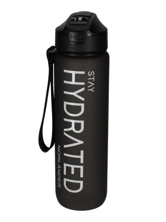 Waterfles Hydrated Zwart – NORLÄNDER 1 liter met rietje