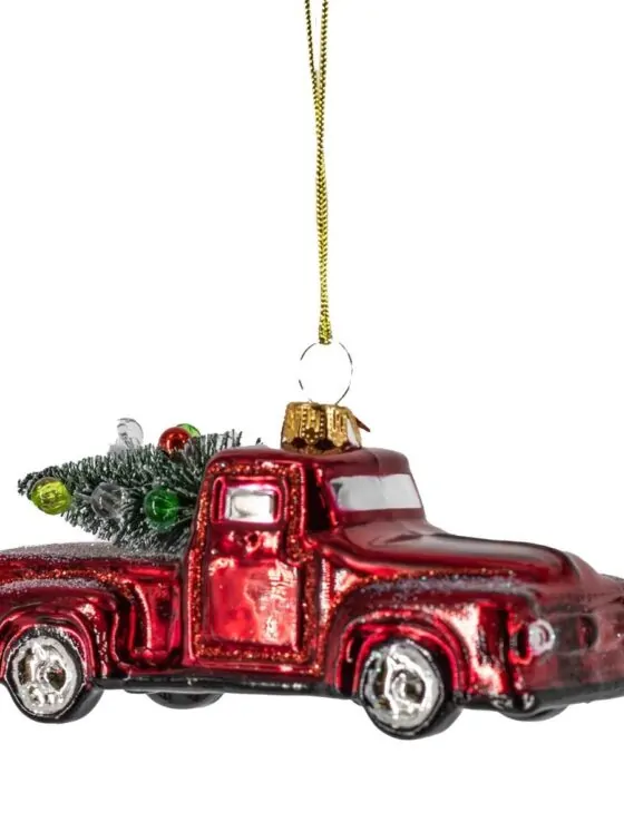 Kerstbal pickup met boom – Rood glasdecor van Kolony
