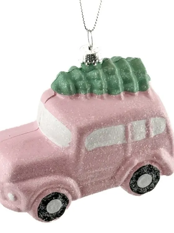 Kerstbal hanger auto met boom roze – HomeBound decoratie