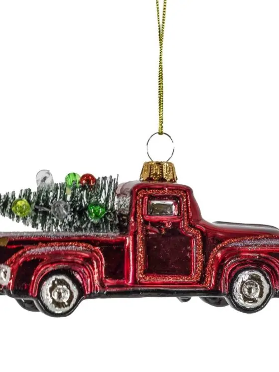 Kerstbal pickup met boom – Rood glasdecor van Kolony