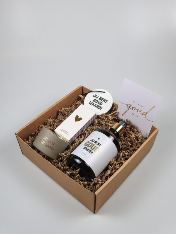 Cadeaupakket Jij Bent Goud Waard – Handzeep, Sojakaars, Lucifers & Hanger