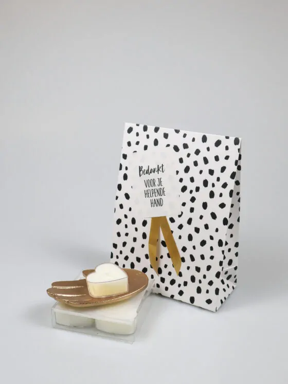 Bedankt Giftbag – Gouden hand schaaltje van Zusss & waxinelichtjes