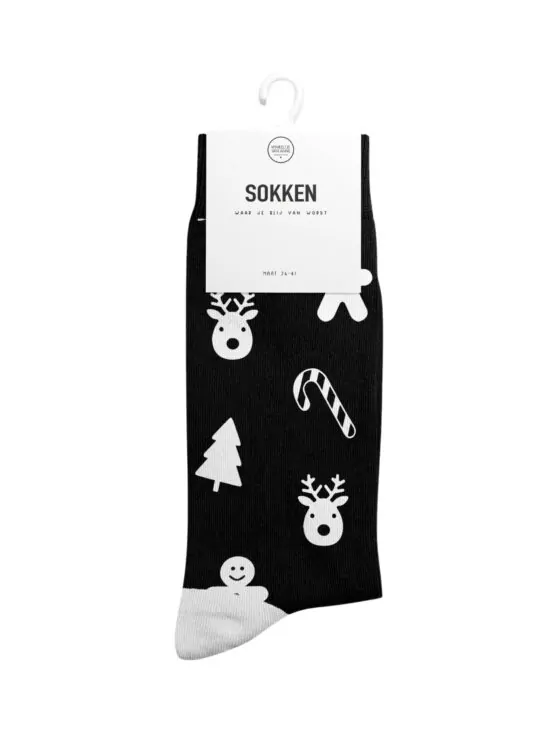 Kerstsokken maat 37-41 – Zwart met wit kerstdesign