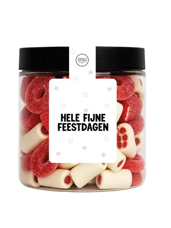Snoeppotje Hele fijne feestdagen – Strawberry mix cadeau Snoeppotje Hele fijne feestdagen – Strawberry mix cadeau