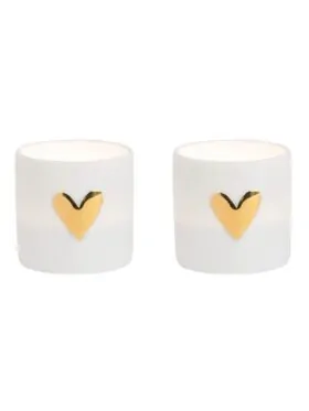 Set van 2 waxinelichthouders porselein wit met gouden hartje