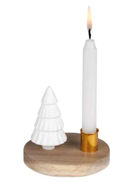 Kandelaar Lichtverhalen "Dennetje" – porselein, hout & goudkleurig metaal