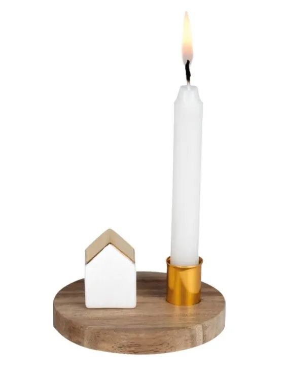 Kerst kandelaar hout met porseleinen huisje en goud