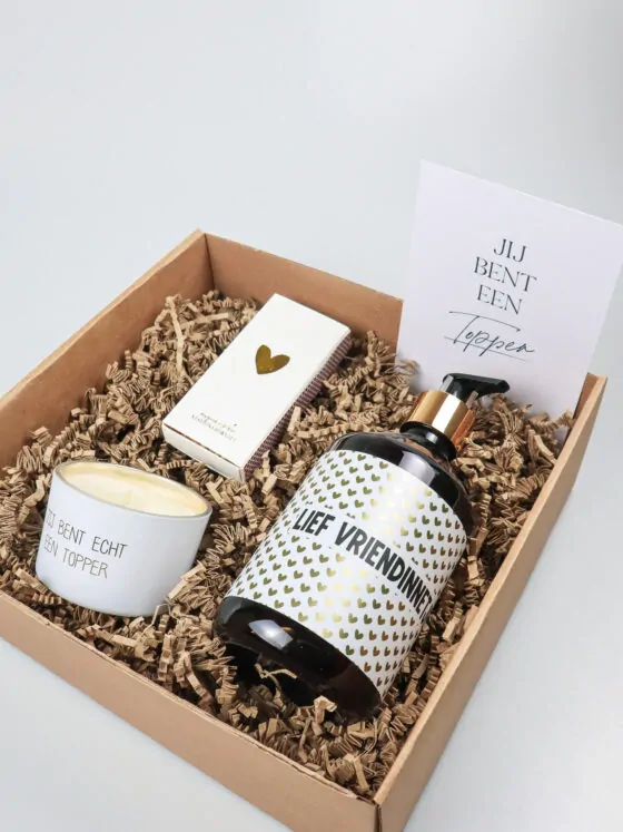 Cadeaupakket Jij bent echt een Topper – Handzeep, sojakaars & lucifers