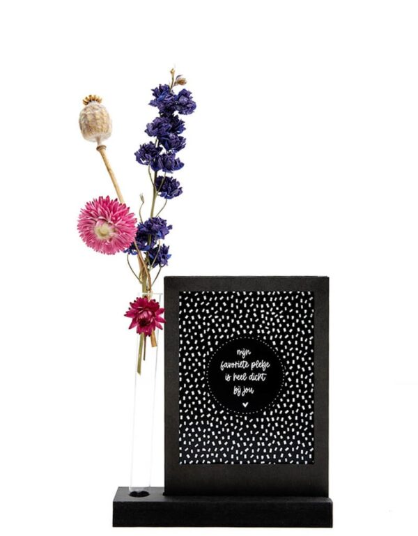 Kaarthouder – Zwarte houten wissellijst met vaasje