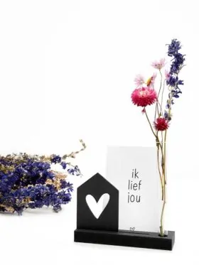 Kaarthouder met vaasje en houten huisje – Zwart