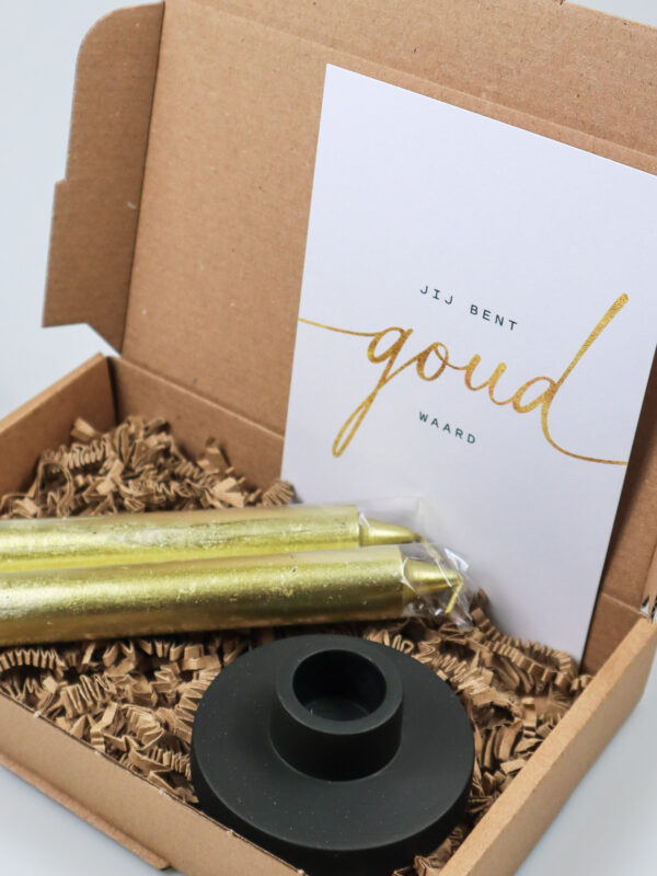 brievenbus cadeau Jij bent goud waard - Kandelaar & 2 gouden rustieke kaarsen