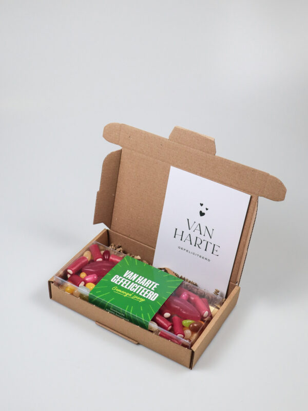 Brievenbus cadeau Snoep blister - Van harte gefeliciteerd