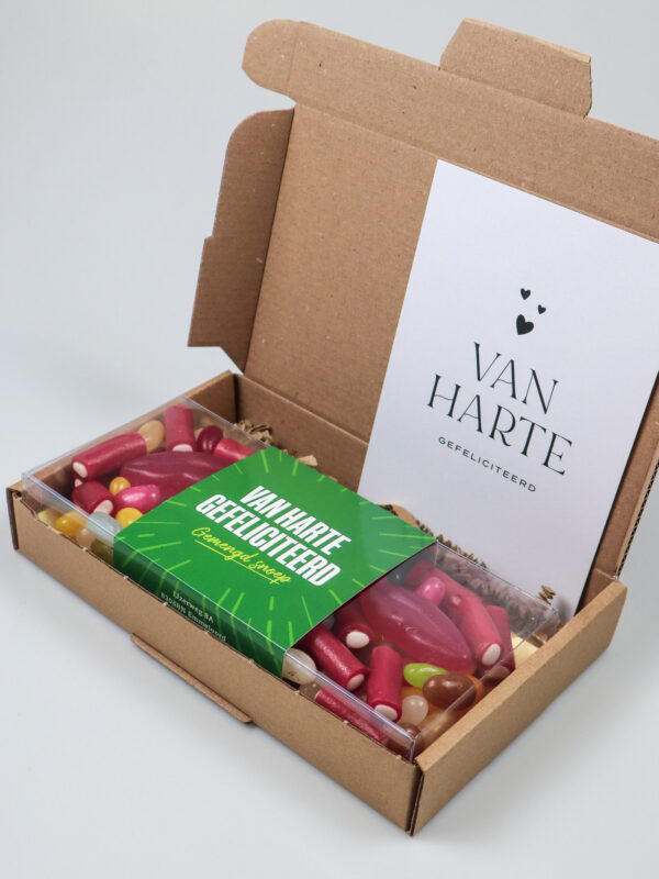 Brievenbus cadeau Snoep blister - Van harte gefeliciteerd