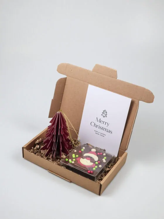 Brievenbuscadeau kerst met melkchocolade kerstman en papieren ornament