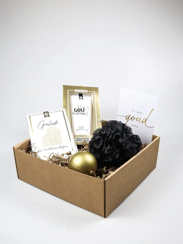 Cadeaupakket Jij bent goud waard – Luxe verwenpakket met douchegel en accessoires