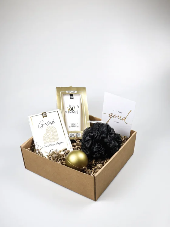Cadeaupakket Jij bent goud waard – Luxe verwenpakket met douchegel en accessoires