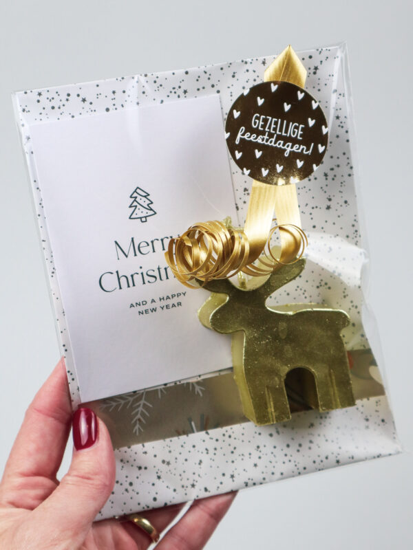 Soyakaars rendier cadeau goud met kerstkaart