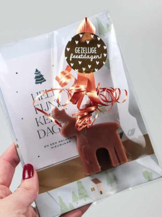 Soyakaars rendier cadeau bruin met kerstkaart