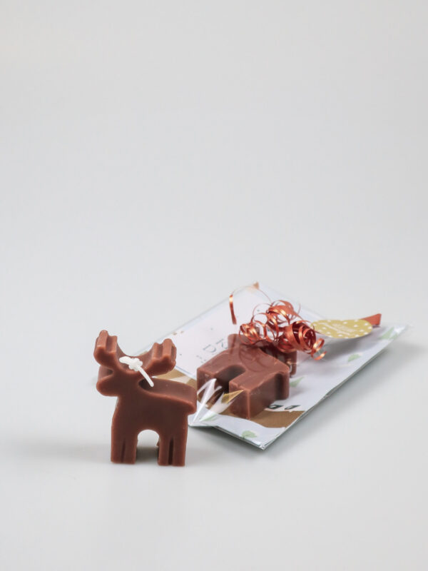 Soyakaars rendier cadeau bruin met kerstkaart