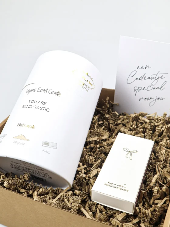 Cadeaupakket waardering – Kaarsenzand ‘You are sand-tastic’ en lucifers