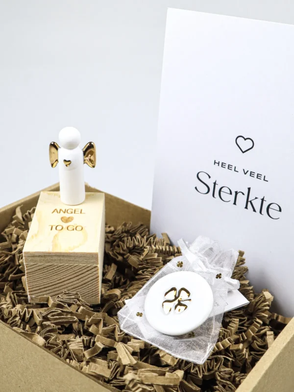 Cadeaupakket Sterkte – Räder Engel to Go & Geluksmunt Klavertje Vier