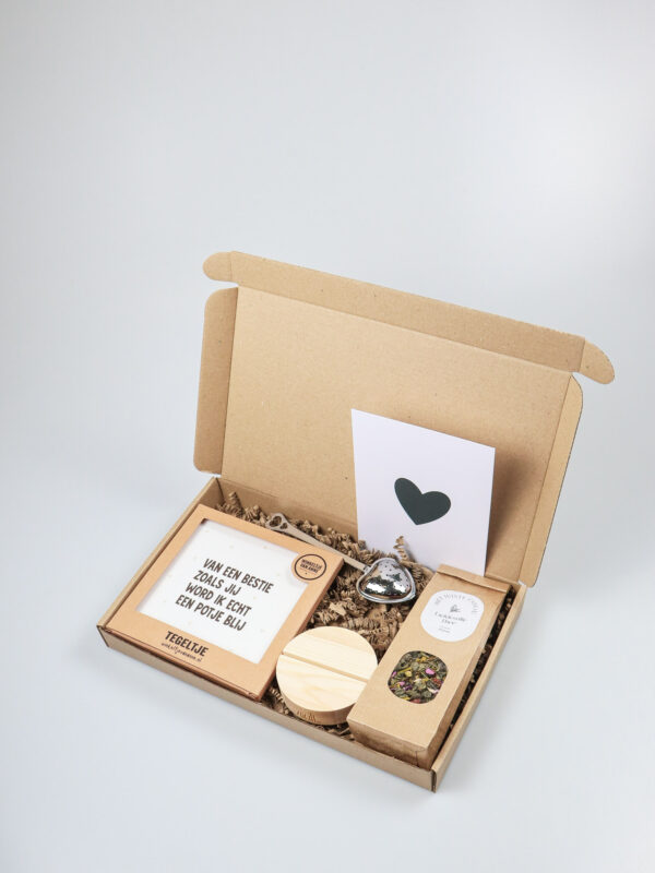 Brievenbus cadeau Bestie – Tegeltje, losse thee, theelepel & kaartenhouder