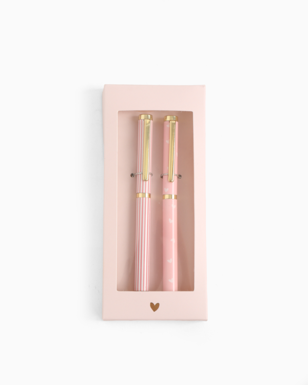 Pennenset – Roze hartjes & strepen – 2 stuks in geschenkdoosje