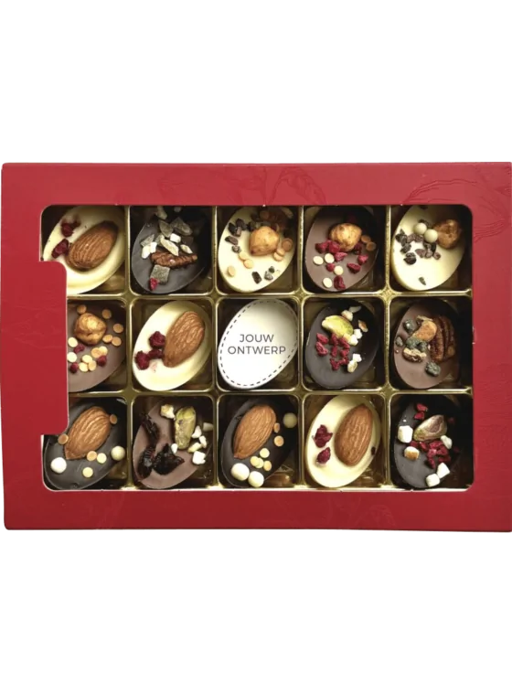 Chocolade paaseitjes met fruit en noten in luxe geschenkdoos | eigen logo