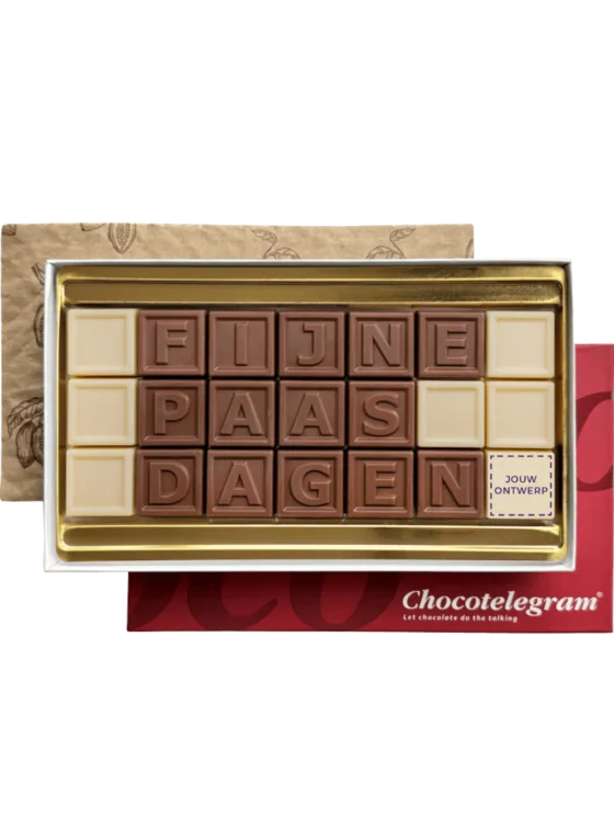 ChocoTelegram Fijne Paasdagen eigen logo - melk/wit chocolade