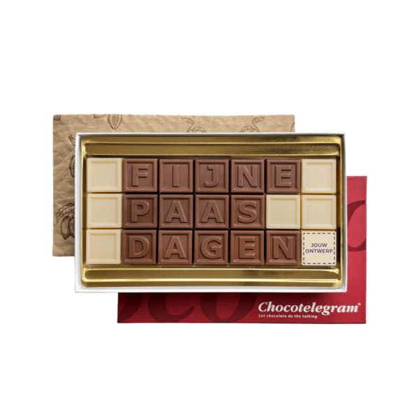ChocoTelegram Fijne Paasdagen eigen logo - melk/wit chocolade ChocoTelegram Fijne Paasdagen eigen logo - melk/wit chocolade
