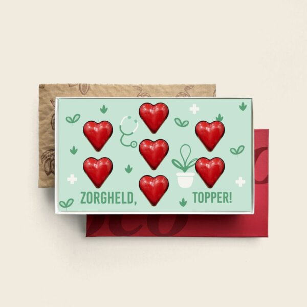 Gevulde chocolade hartjes Zorgheld topper - geschenkdoos