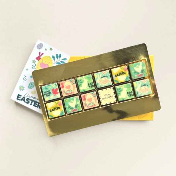 Chocoladeblokjes Pasen eigen logo - geschenkdoos 12 stuks Chocoladeblokjes Pasen eigen logo - geschenkdoos 12 stuks