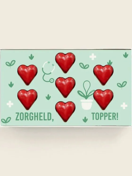Gevulde chocolade hartjes Zorgheld topper - geschenkdoos