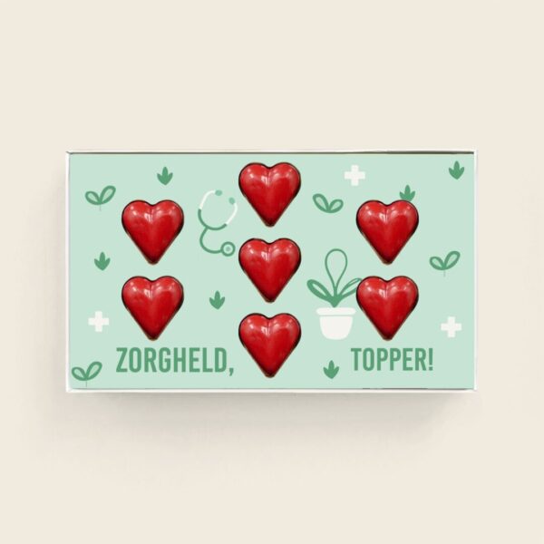 Gevulde chocolade hartjes Zorgheld topper - geschenkdoos