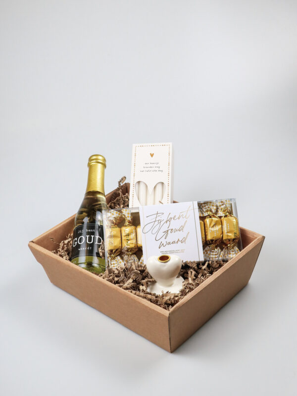 Cadeauschaal jij bent goud waard met secco en chocola Cadeauschaal jij bent goud waard met secco en chocola