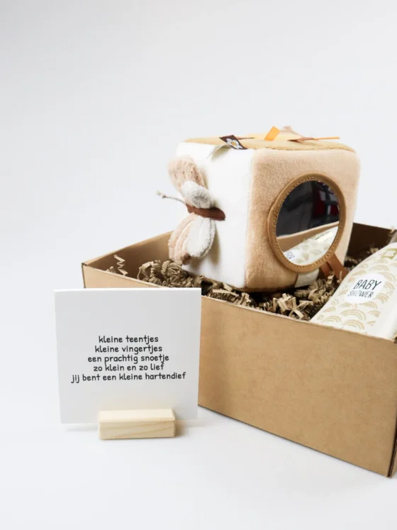 Cadeaupakket hoera een meisje – Jollein activiteitenkubus, baby douchegel & quote blockie