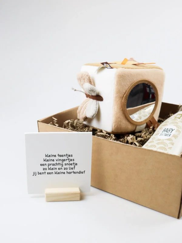 Cadeaupakket hoera een meisje – Jollein activiteitenkubus, baby douchegel & quote blockie